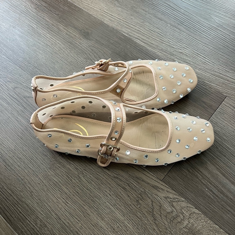 Sam Edelman Beige Rhinestone Mary Jane Flats
